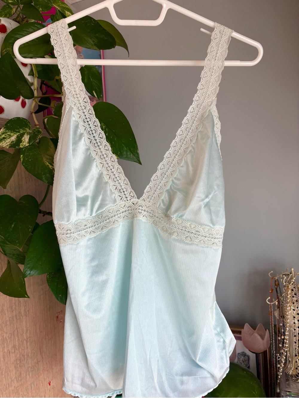 Vintage Light Blue Lace-Trim Satin Cami